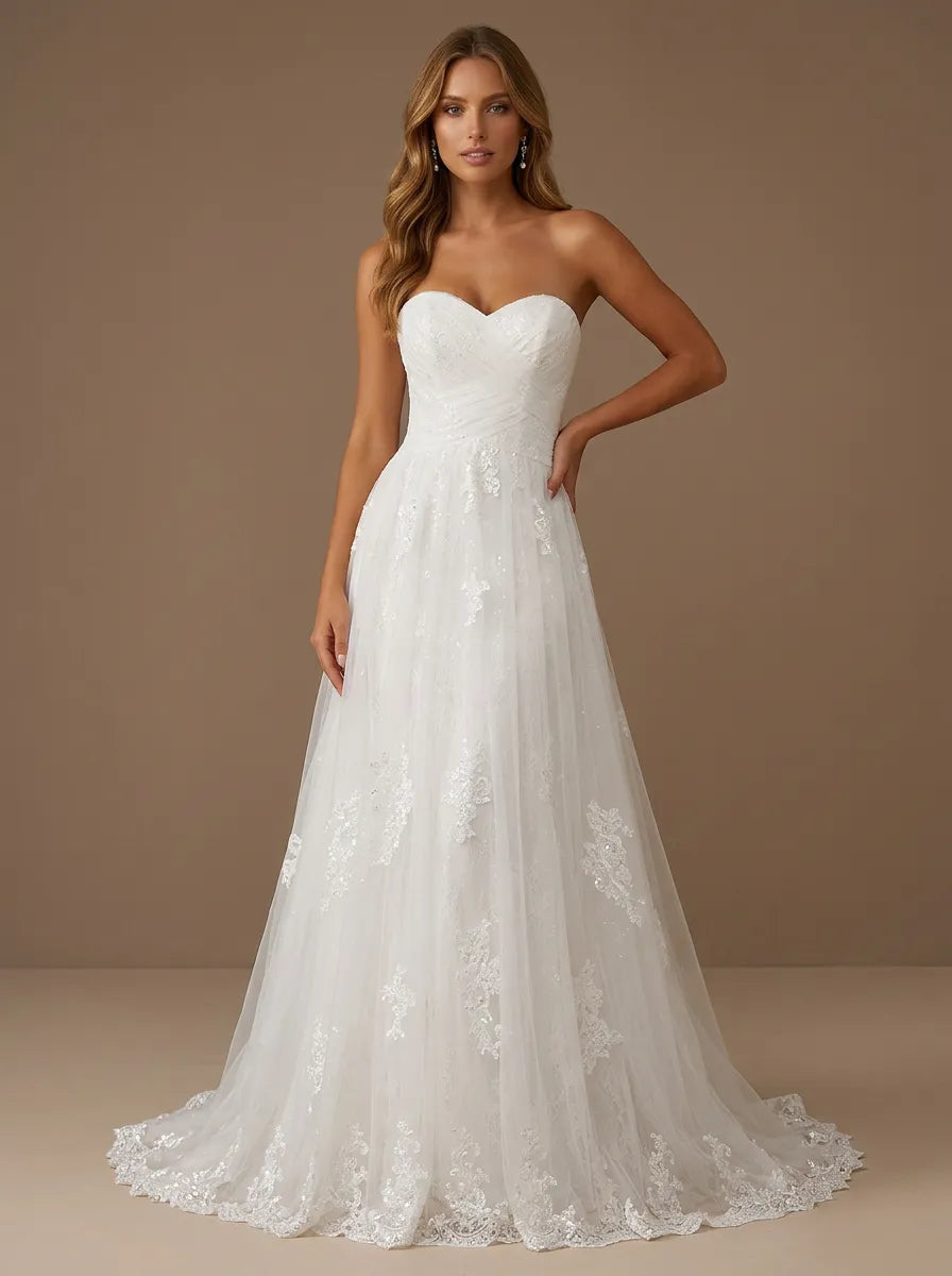 Sweetheart Lace Applique Tulle A-Line Wedding Gown with Sequin