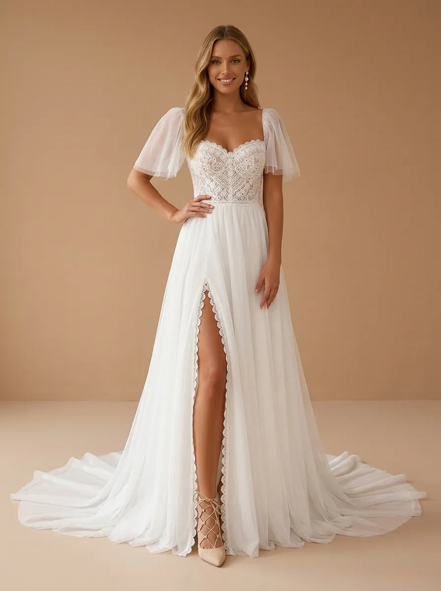 Square Neck Lace High Slit Tulle Wedding Gown with Flutter Sleeves