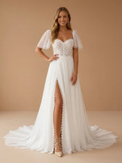 Square Neck Lace High Slit Tulle Wedding Gown with Flutter Sleeves