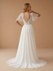 Square Neck Lace High Slit Tulle Wedding Gown with Flutter Sleeves