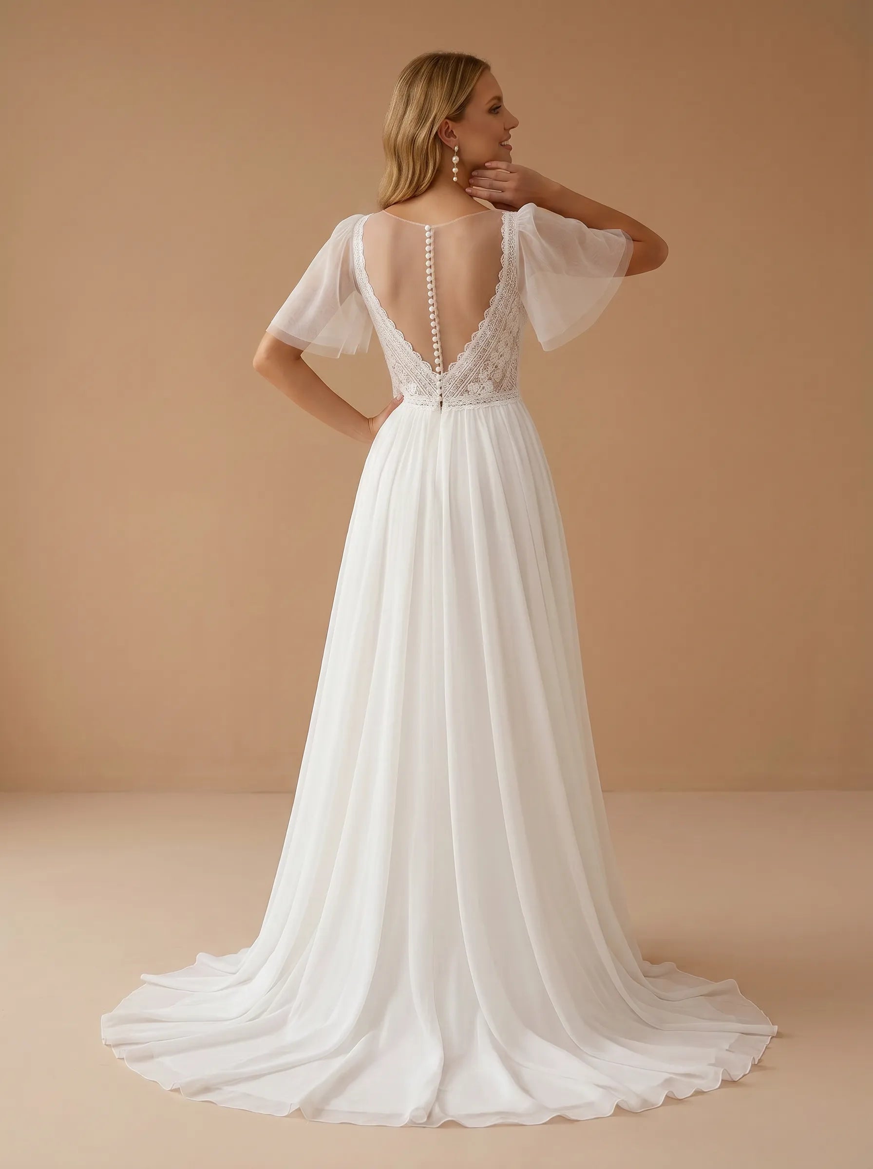 Square Neck Lace High Slit Tulle Wedding Gown with Flutter Sleeves