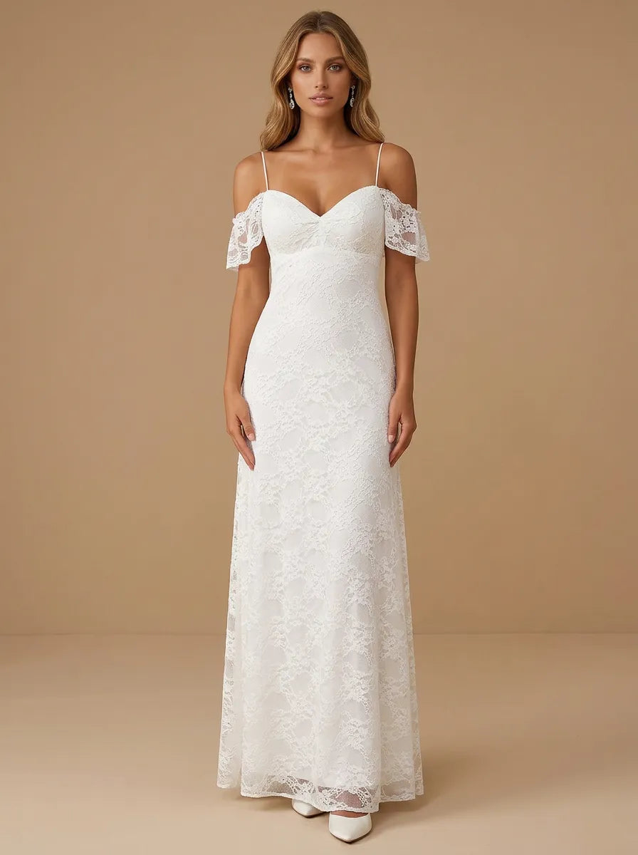 Cold Shoulder Spaghetti Strap Lace Applique Mermaid Wedding Dress