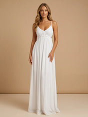 Spaghetti Strap V-Neck Lace Applique Chiffon Wedding Gown