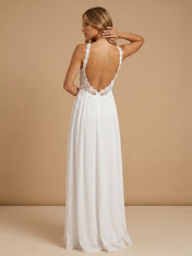 Spaghetti Strap V-Neck Lace Applique Chiffon Wedding Gown