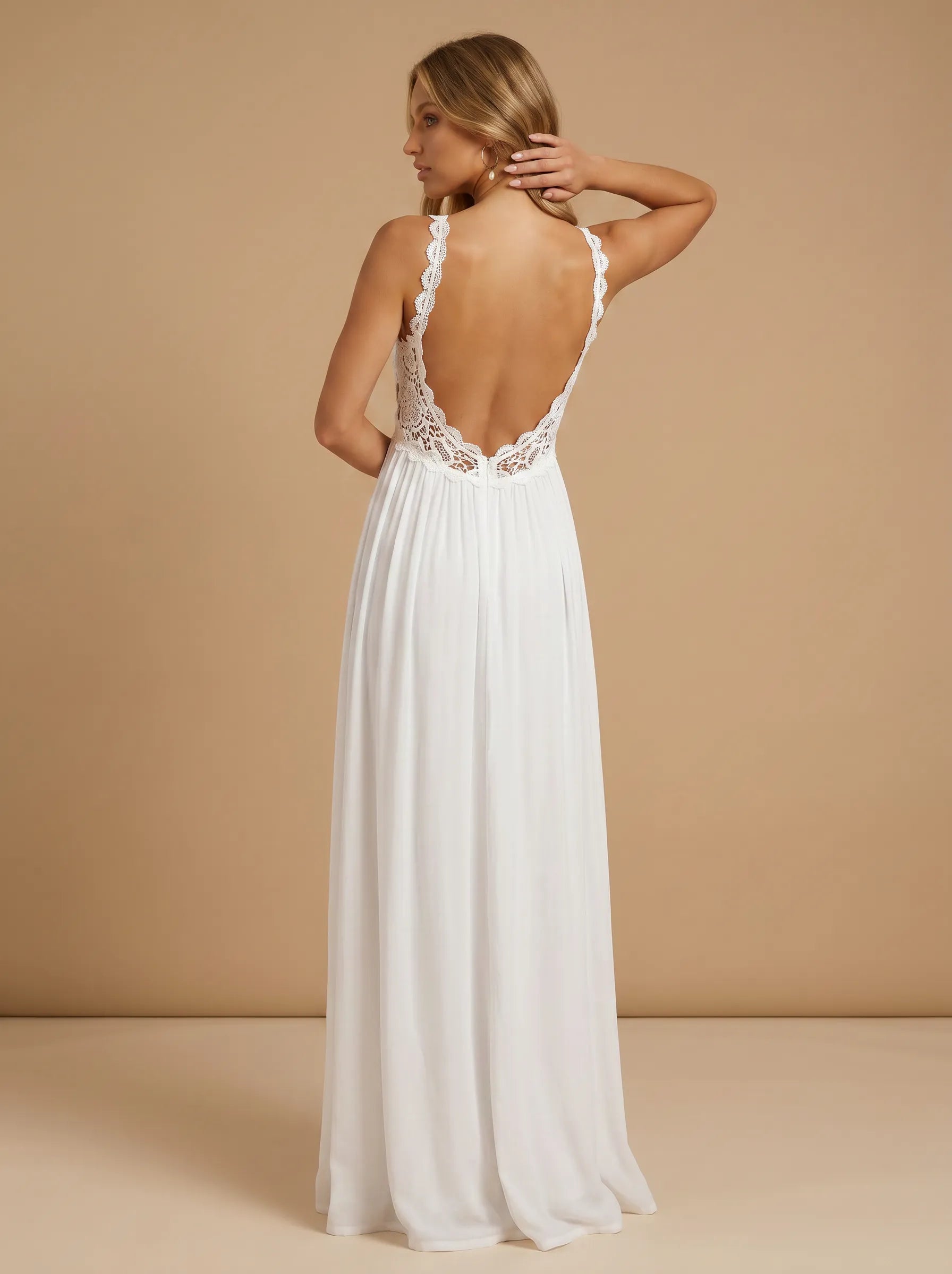 Spaghetti Strap V-Neck Lace Applique Chiffon Wedding Gown