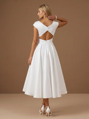 V-Neck Satin Tea-Length A-Line Bridal Dress with Cap Sleeves