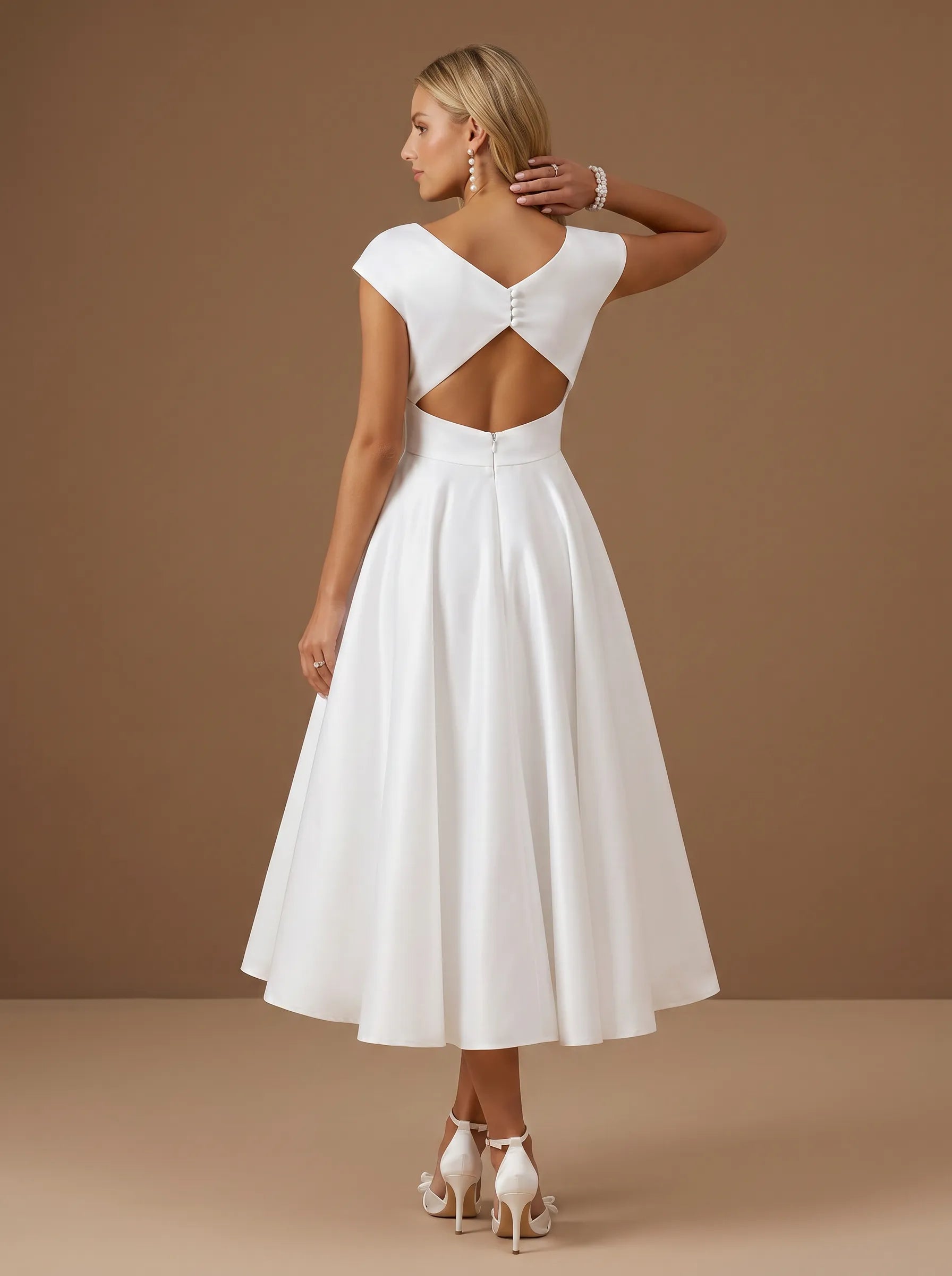 V-Neck Satin Tea-Length A-Line Bridal Dress with Cap Sleeves