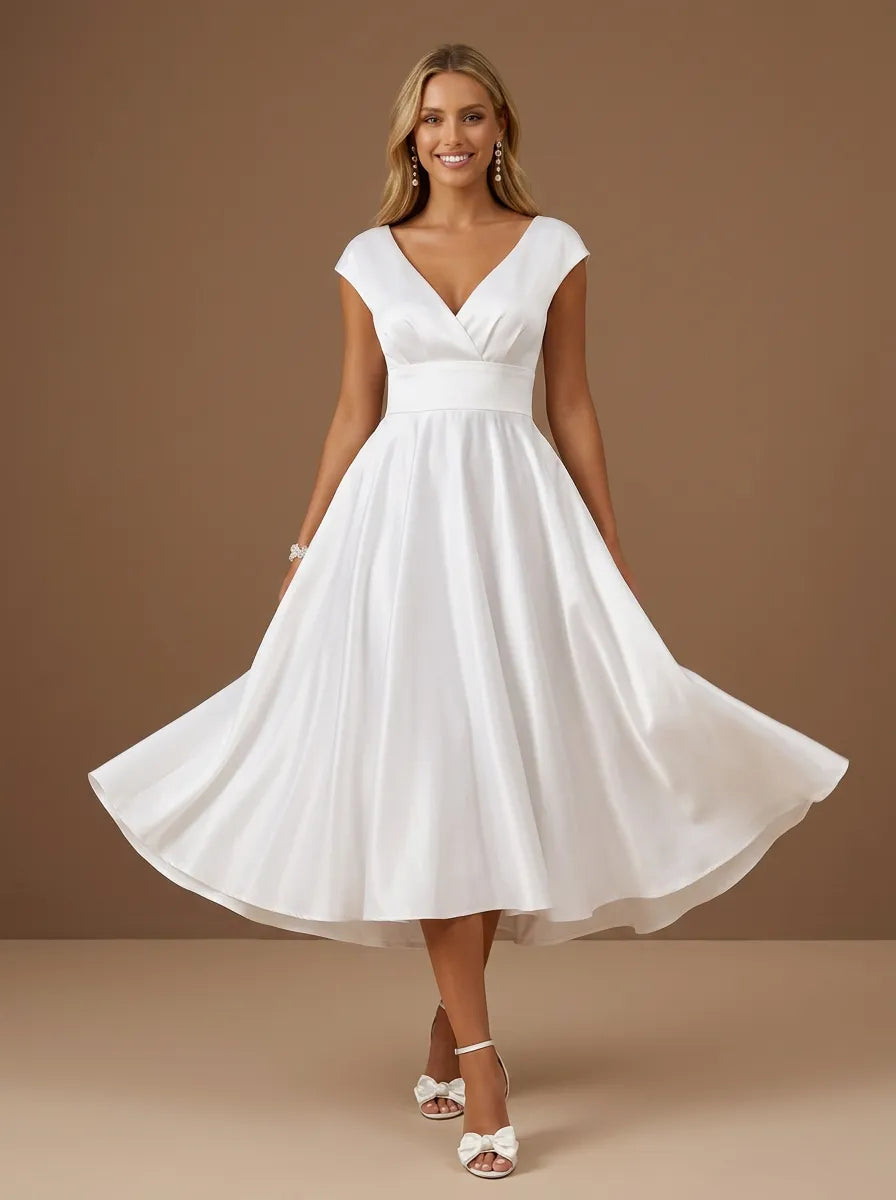 V-Neck Satin Tea-Length A-Line Bridal Dress with Cap Sleeves