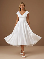 V-Neck Satin Tea-Length A-Line Bridal Dress with Cap Sleeves