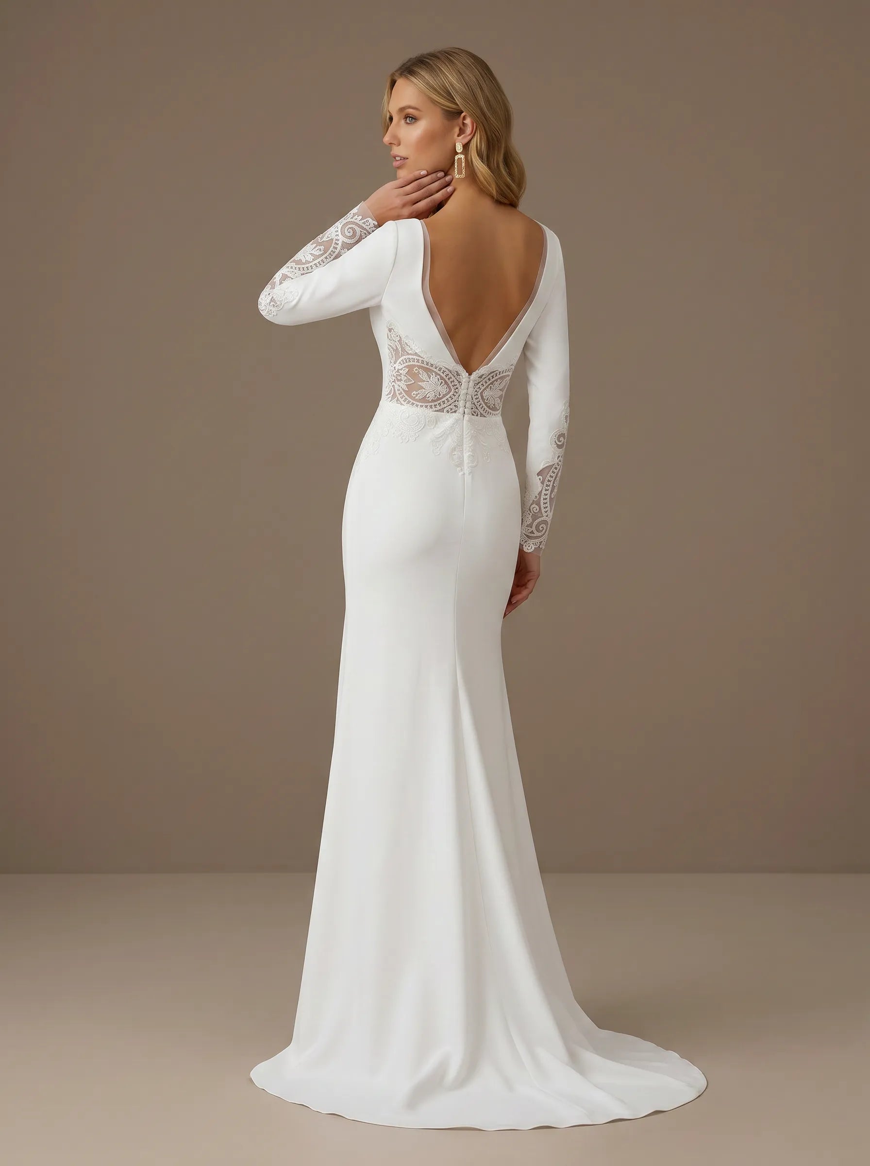 V-Neck Long Sleeve Mermaid Applique Bridal Gown with High Slit