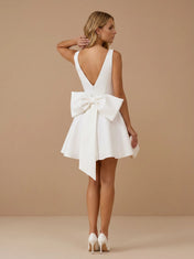V-Neck Satin A-Line Mini Bridal Wedding Dress with Bow