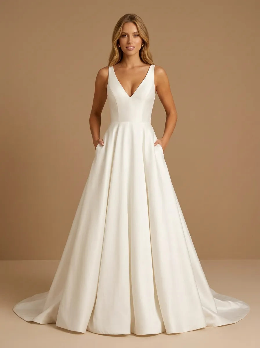Elegant A-Line V-Neck Satin Wedding Gown with Pockets
