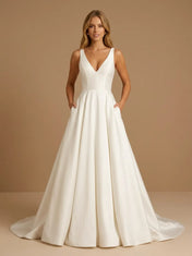 Elegant A-Line V-Neck Satin Wedding Gown with Pockets