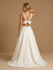 Elegant A-Line V-Neck Satin Wedding Gown with Pockets
