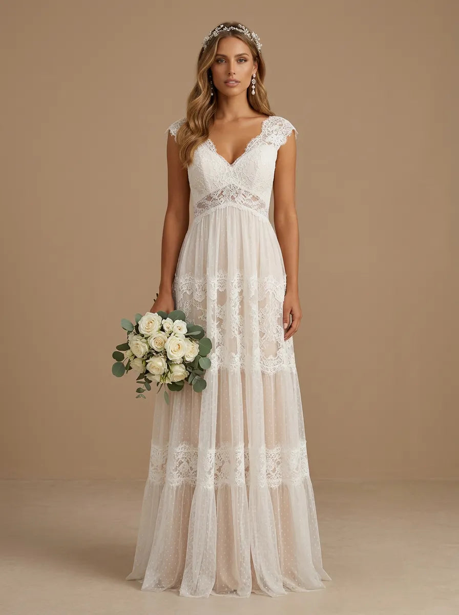V-Neck Lace Applique Tiered Tulle A-Line  Wedding Gown with Cap Sleeves