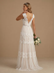 V-Neck Lace Applique Tiered Tulle A-Line  Wedding Gown with Cap Sleeves