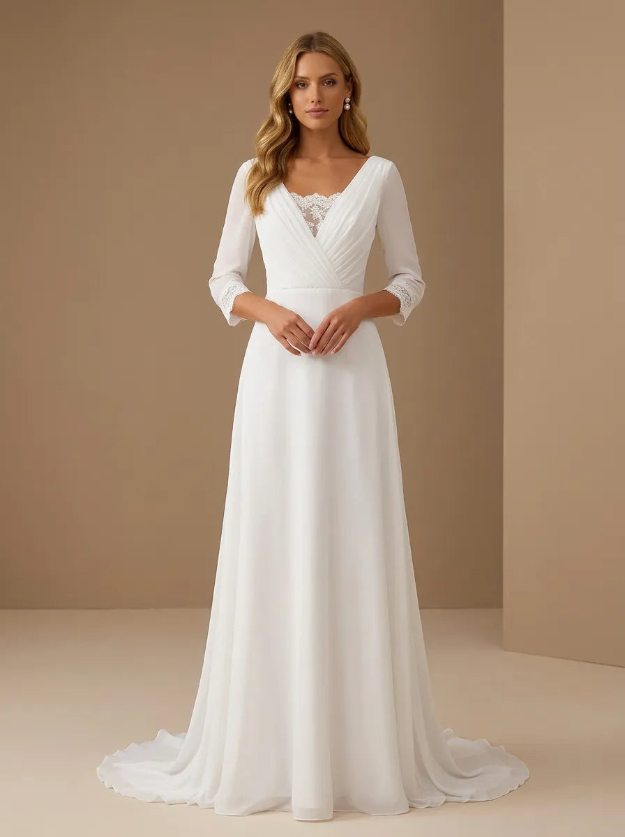 Elegant V-Neck 3/4 Sleeve A Line Wedding Gown with Pleat