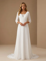 Elegant V-Neck 3/4 Sleeve A Line Wedding Gown with Pleat