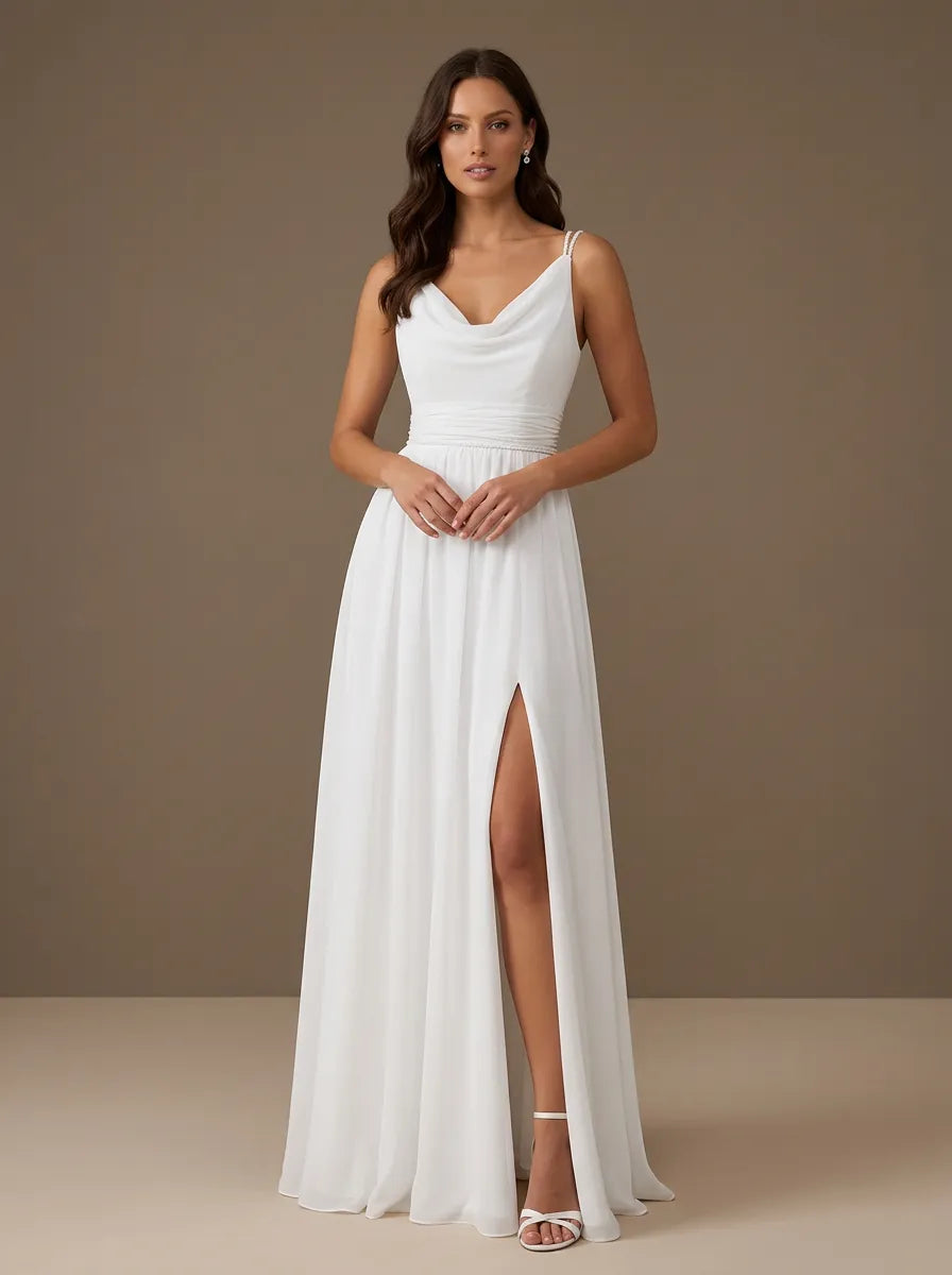 Cowl Neck High Slit Spaghetti Straps A-Line Chiffon Bridal Gown