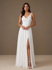 Cowl Neck High Slit Spaghetti Straps A-Line Chiffon Bridal Gown