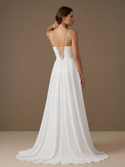 Cowl Neck High Slit Spaghetti Straps A-Line Chiffon Bridal Gown
