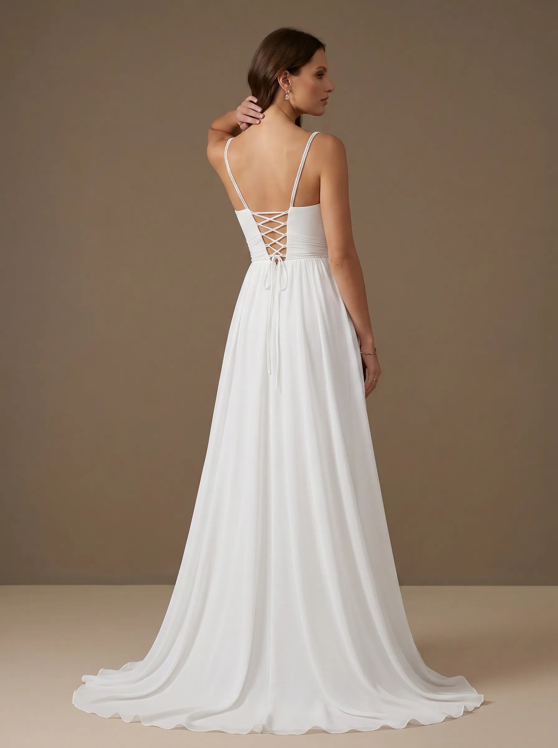 Cowl Neck High Slit Spaghetti Straps A-Line Chiffon Bridal Gown