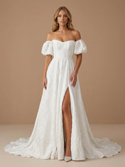 Off the Shoulder Puff Sleeve Sweetheart A-Line Wedding Gown with High Slit