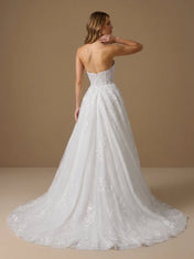 Off the Shoulder Long Sleeve Tulle A-Line Wedding Gown with Lace Appliques