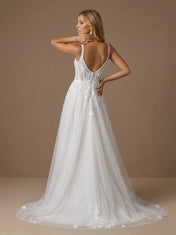 Sweetheart Lace Applique Glitter Tulle Wedding Gown with High Slit