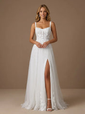 Sweetheart Lace Applique Glitter Tulle Wedding Gown with High Slit