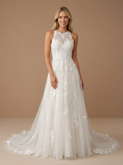 High Neck Halter Lace Applique Tulle A-Line Wedding Gown