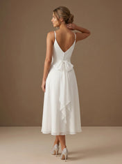 V Neck Spaghetti Strap Pleat Chiffon Midi Wedding Dress for Civil Ceremony