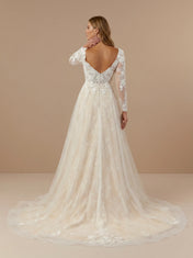 Elegant V-Neck Long Sleeve Lace Appliques Tulle A-Line Wedding Gown