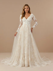 Elegant V-Neck Long Sleeve Lace Appliques Tulle A-Line Wedding Gown