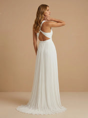 Scoop Neck Pleat Chiffon Criss-Cross Waist A-Line Wedding Gown
