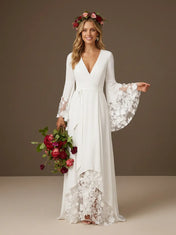 Elegant V-Neck High-Low A Line Boho Wedding Dress with Lace Sleeves
