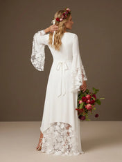 Elegant V-Neck High-Low A Line Boho Wedding Dress with Lace Sleeves