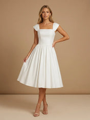 Square Neck Cap Sleeve Satin Midi Wedding Dress with Pleat