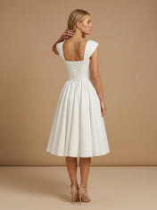 Square Neck Cap Sleeve Satin Midi Wedding Dress with Pleat