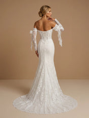 Off the Shoulder Lace Mermaid Long Sleeves Wedding Gown with Bow