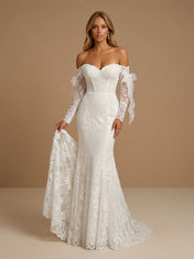 Off the Shoulder Lace Mermaid Long Sleeves Wedding Gown with Bow