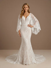 V-Neck Lace Applique Mermaid Boho Wedding Gown with Train