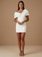 One Shoulder Bow Bodycon Satin Mini Wedding Dress
