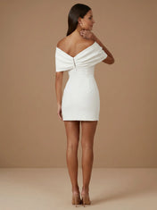 One Shoulder Bow Bodycon Satin Mini Wedding Dress