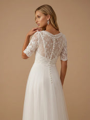 V-Neck Lace Applique Short Sleeve Tulle A-Line Wedding Gown