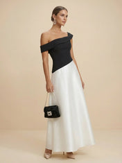 Elegant Bicolor One-Shoulder A-Line Maxi Dress with Folded Neckline