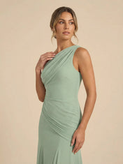 Sage Green One-Shoulder Chiffon Mermaid Evening Gown with Ruched