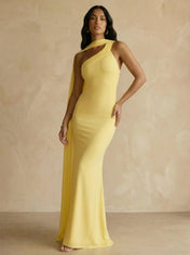 Yellow One-Shoulder Crepe Sheath Gown with Flowing Chiffon Cape Train