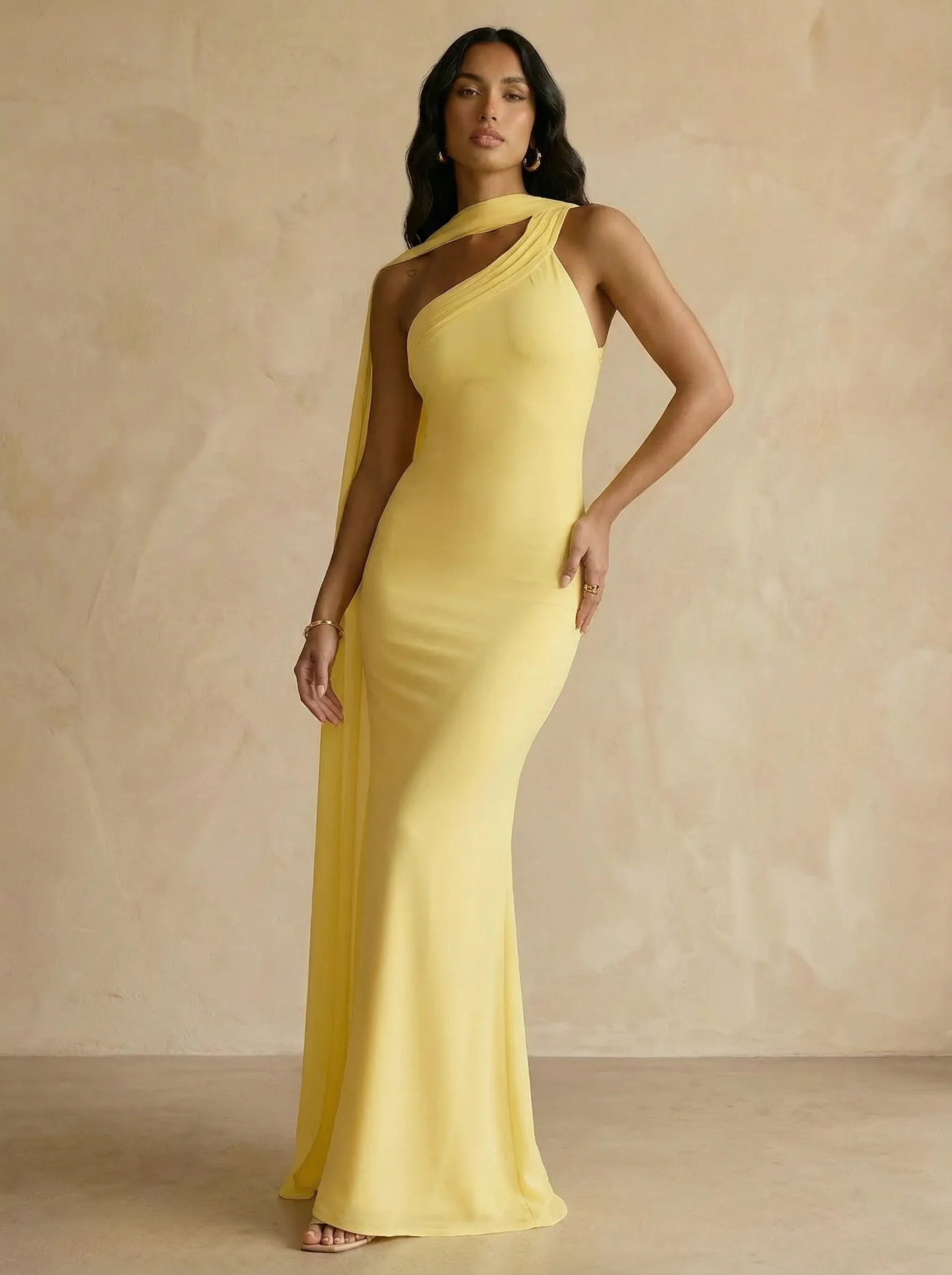 Yellow One-Shoulder Crepe Sheath Gown with Flowing Chiffon Cape Train