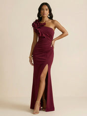 Burgundy One-Shoulder Sheath Evening Gown with Oversized Floral Feather Shoulder Detail & High Slit